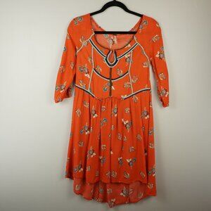 Free People‎ Coral Floral Boho Mini Dress Keyhole Neck Size XS
